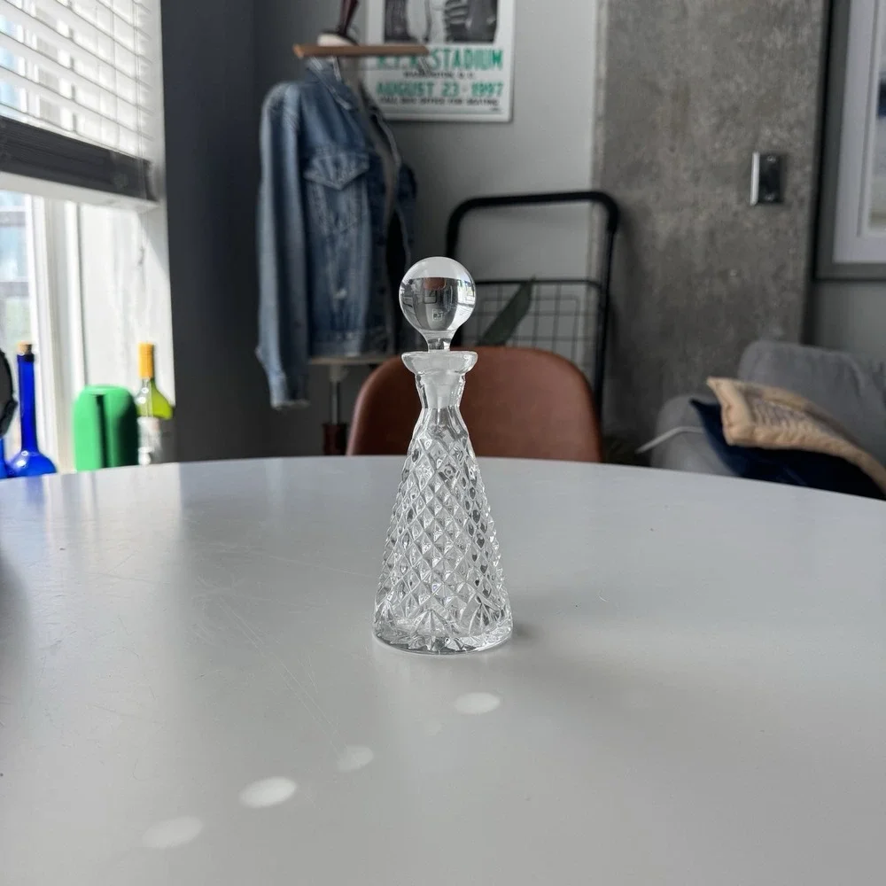 Vintage Clear Glass Mini Decanter Diamond Pattern Ball Stopper 6.5